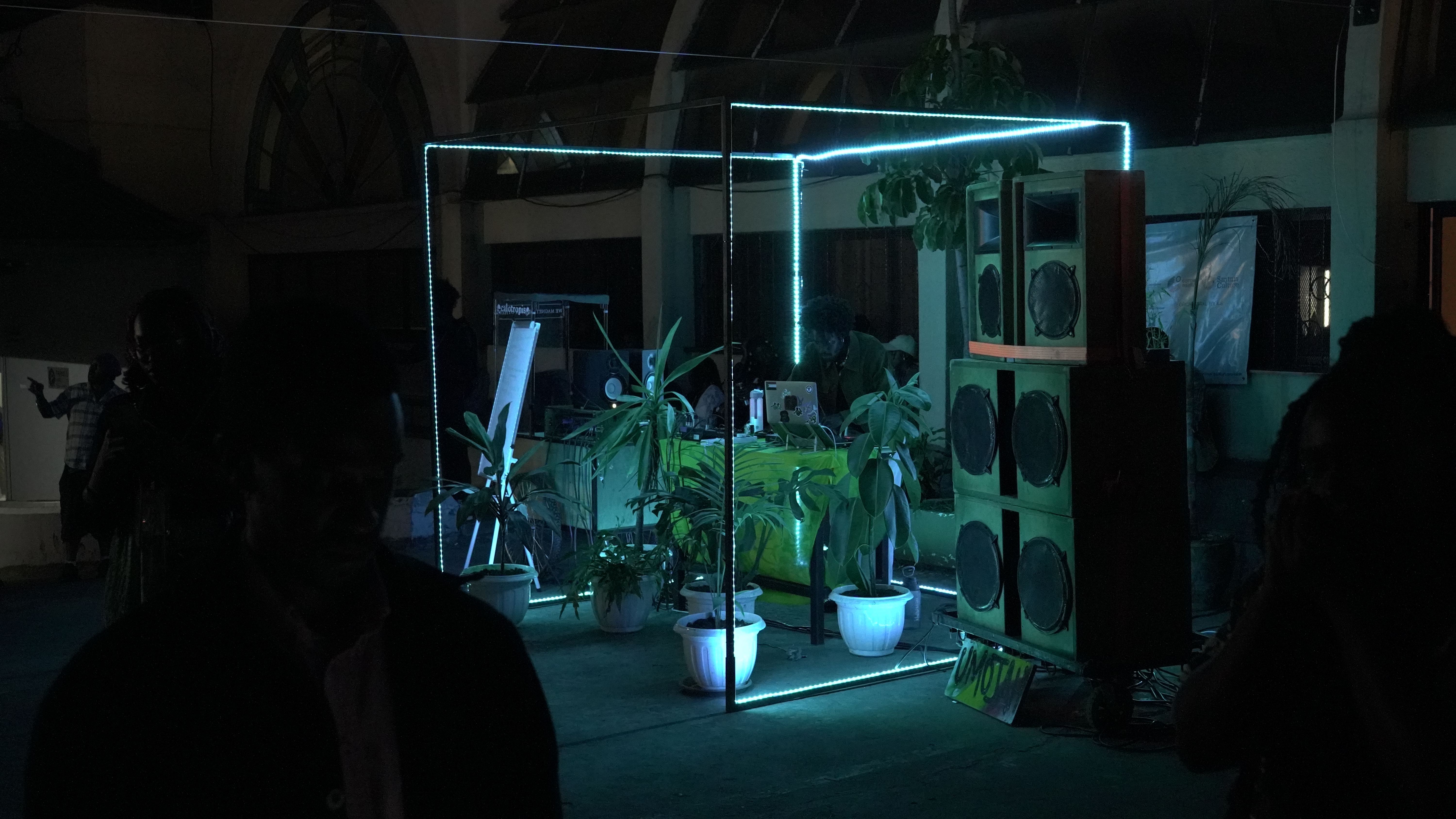 An electronic performance at night, lit by neon lights.